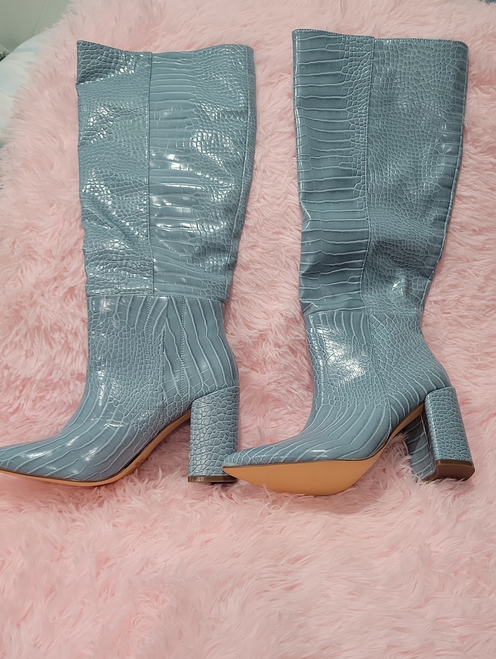 Women’s Tall Croc-Embossed Heeled Boots in Light Blue